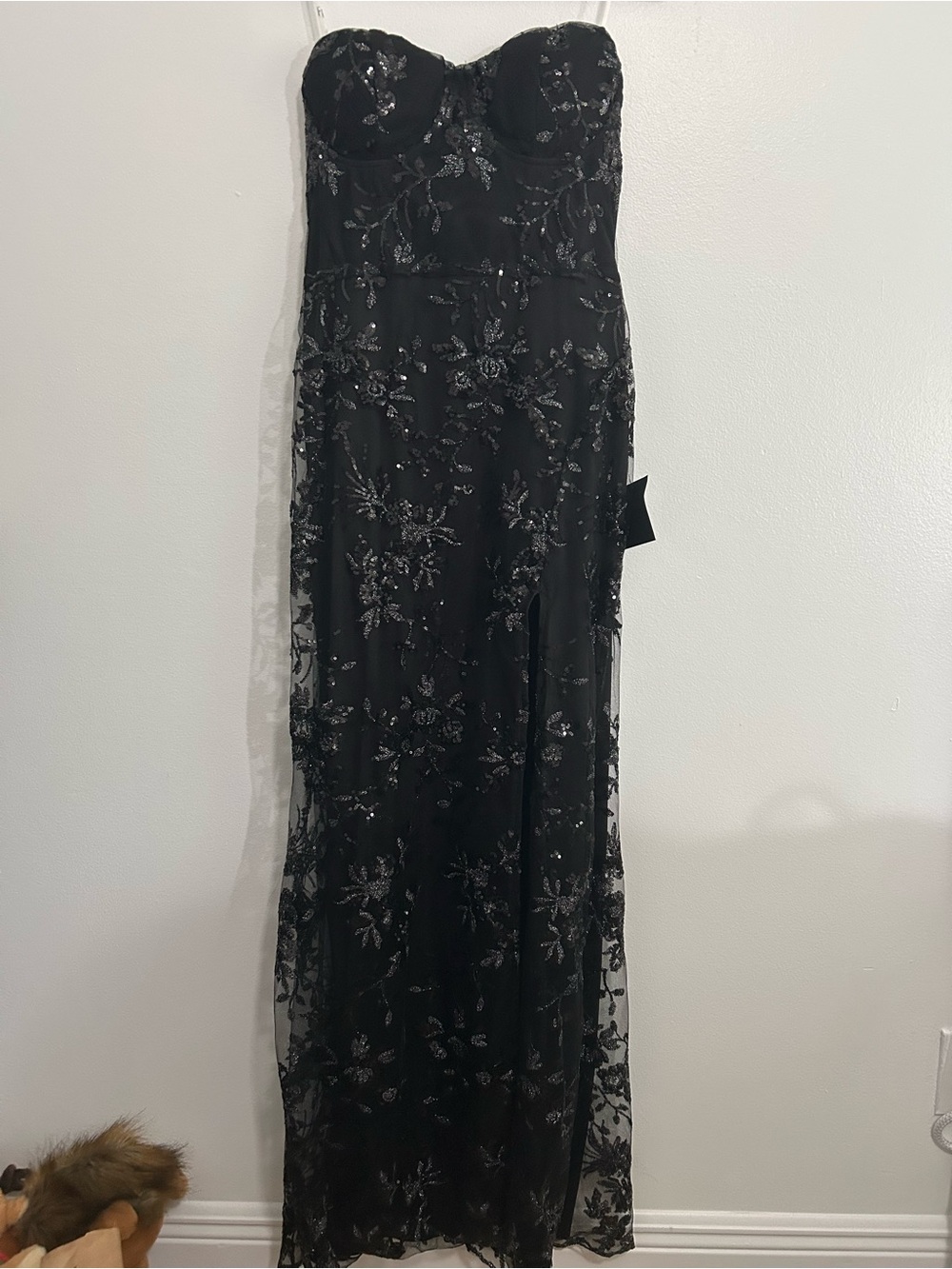 LULUS size Large Maxi Black Strapless Beaded Evening Gown with slit